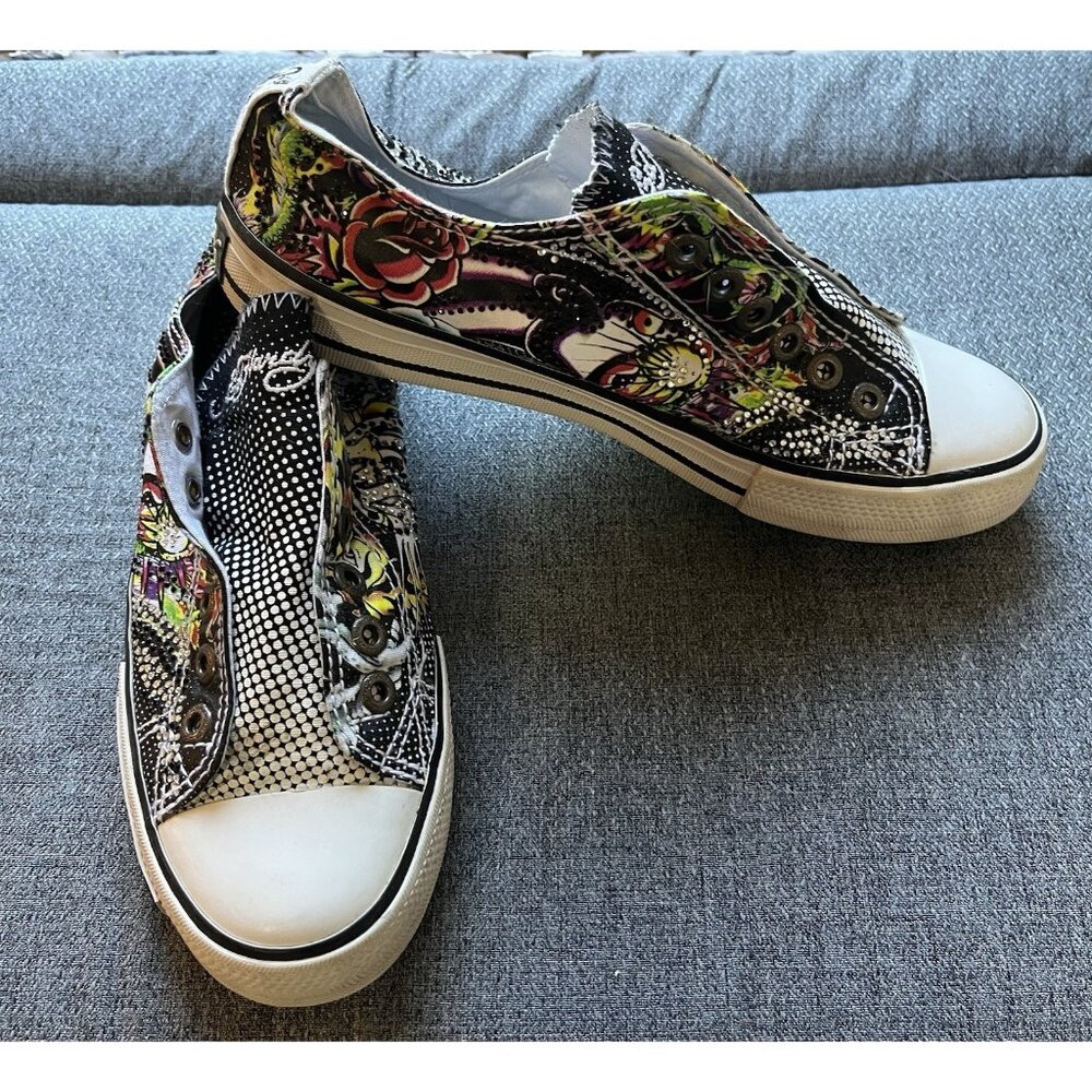 Ed Hardy Low Rise Slip-on Sneakers Rhinestone Womens 7 Tattoo Pop Art Tiger Dots